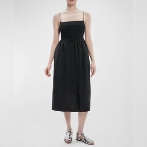 Theory Black Smocked Square Neck Midi Dress with Pockets – Size Small